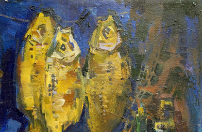Oil painting of three stylized yellow fish by Sologubov Nikolay Vasilievich