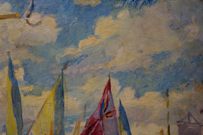 Vibrant impressionist oil painting of sailboats and Cossack warriors portrait by Maria Titarenko
