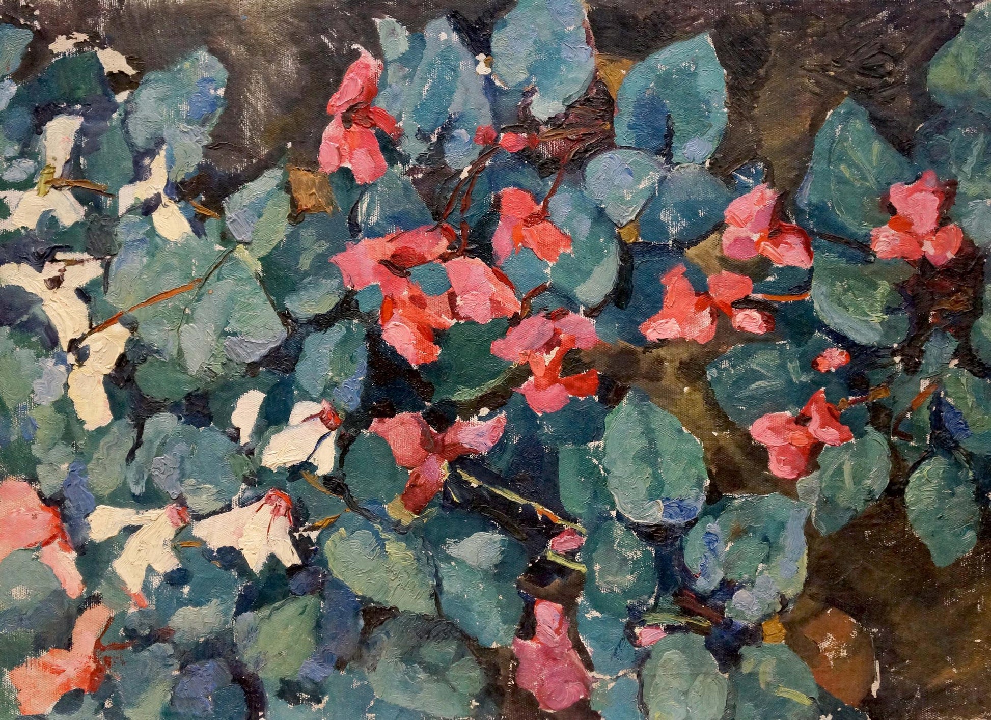 Vibrant oil painting of pink and white flowers growing amid lush green leaves