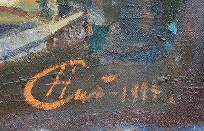 Back of oil painting Dried fish by Sologubov Nikolay Vasilievich with orange h signature and date