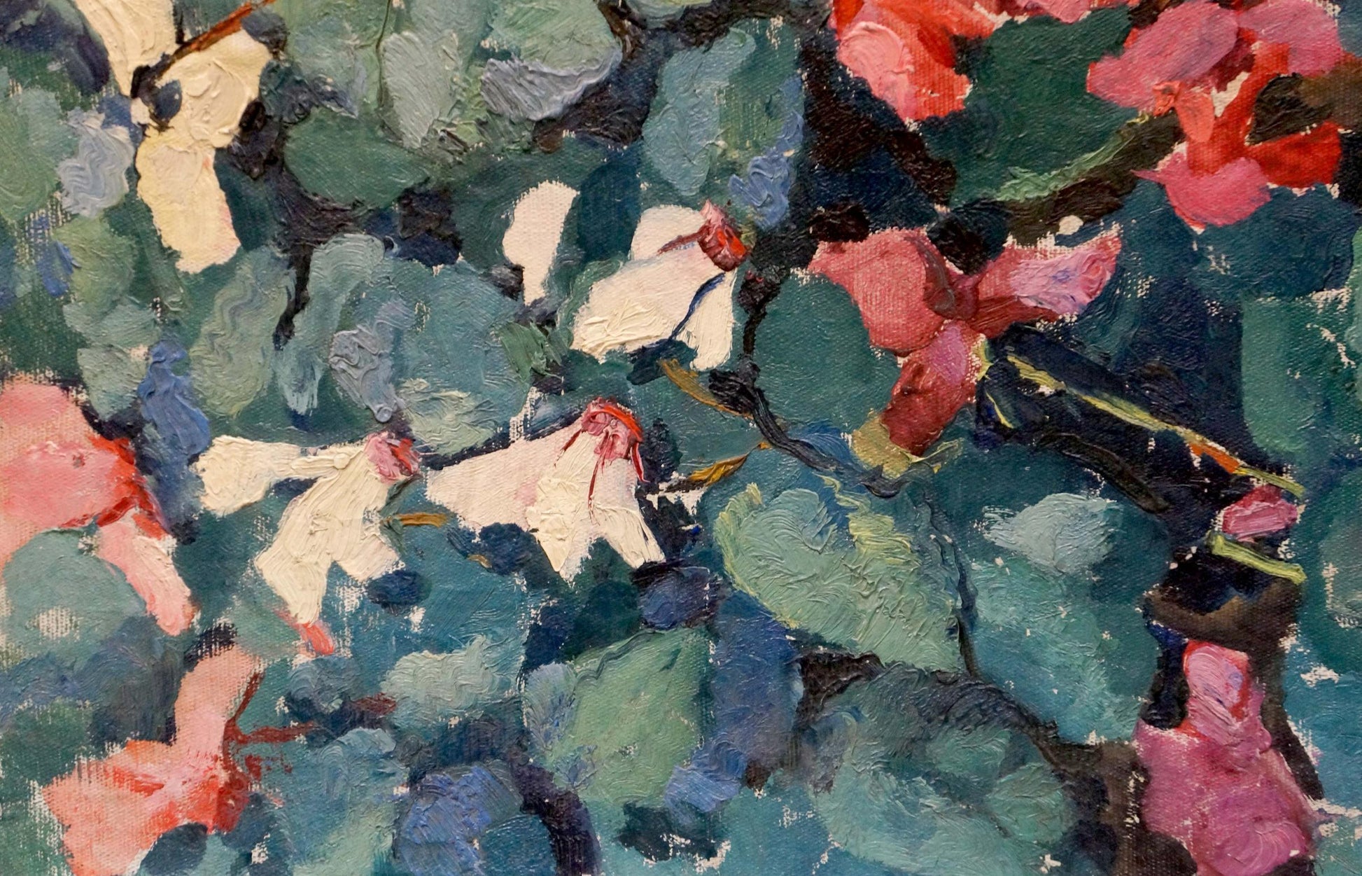 Vibrant impressionist oil painting of growing flowers in pink, white, green foliage, red blossoms