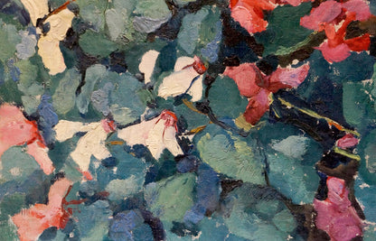 Vibrant impressionist oil painting of growing flowers in pink, white, green foliage, red blossoms