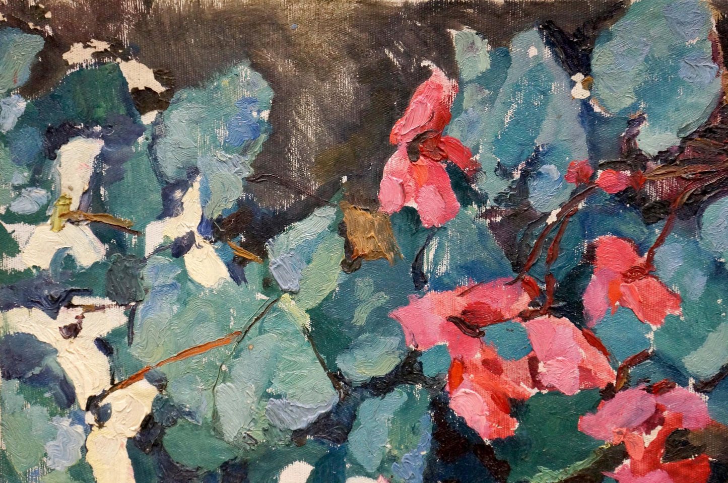 Vibrant impressionist oil painting of pink blossoms and teal leaves growing on dark background