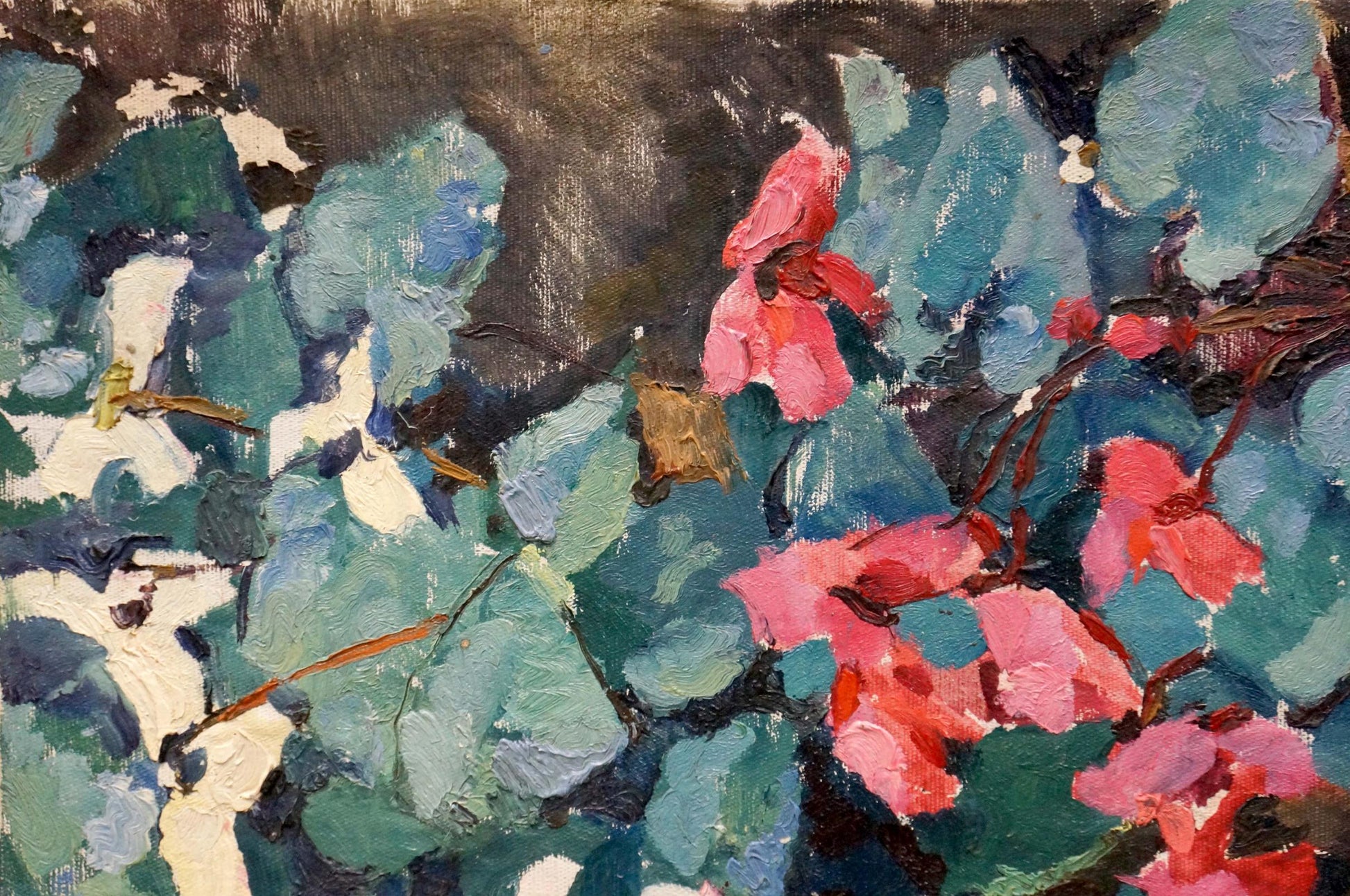 Vibrant impressionist oil painting of pink blossoms and teal leaves growing on dark background