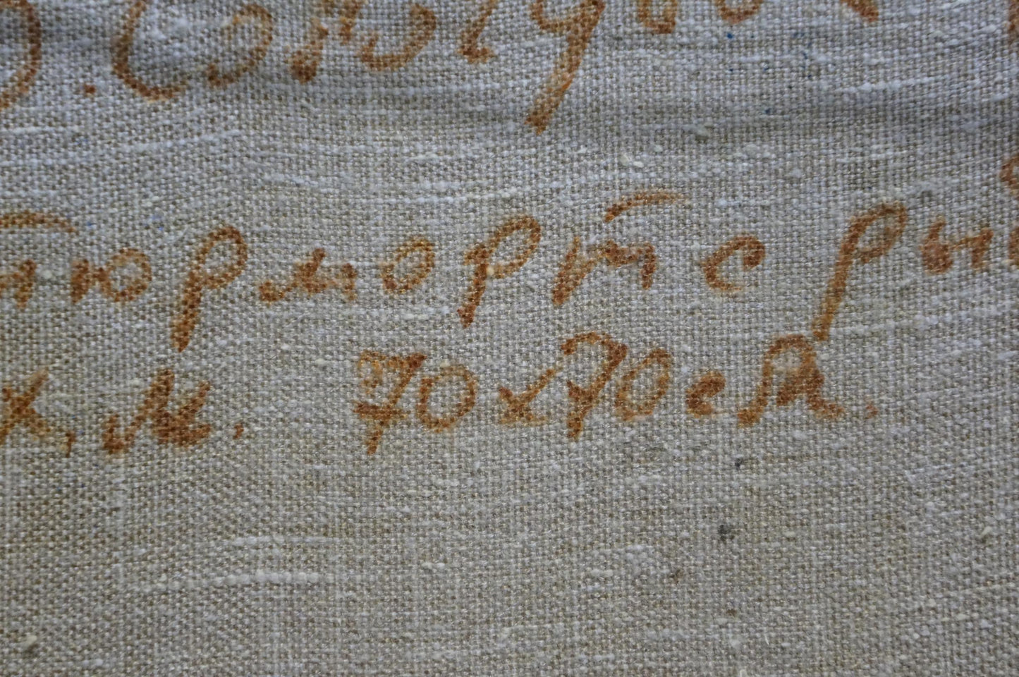 Textured light gray linen with faded brown cursive embroidery, Oil painting Dried fish by Sologubov Nikolay Vasilievich