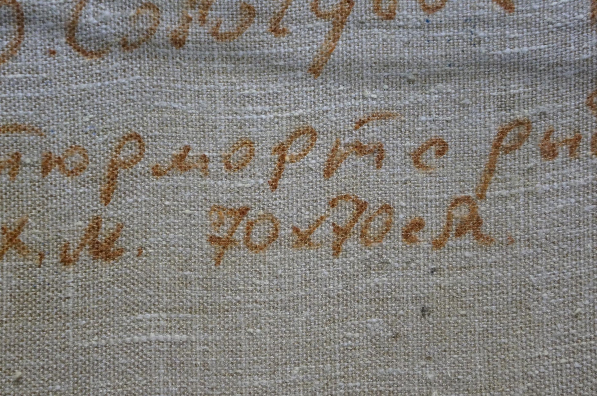 Textured light gray linen with faded brown cursive embroidery, Oil painting Dried fish by Sologubov Nikolay Vasilievich