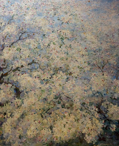 Oil painting of apple tree blossoms by Maria Titarenko