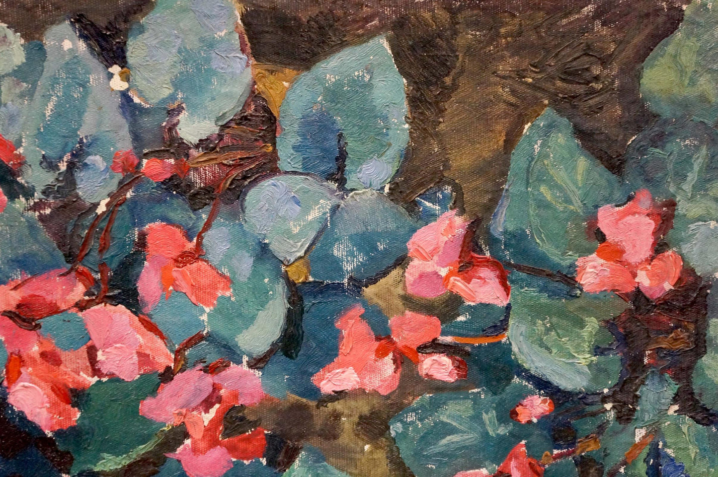 Vibrant pink blossoms blooming in impressionistic oil painting with teal green leaves