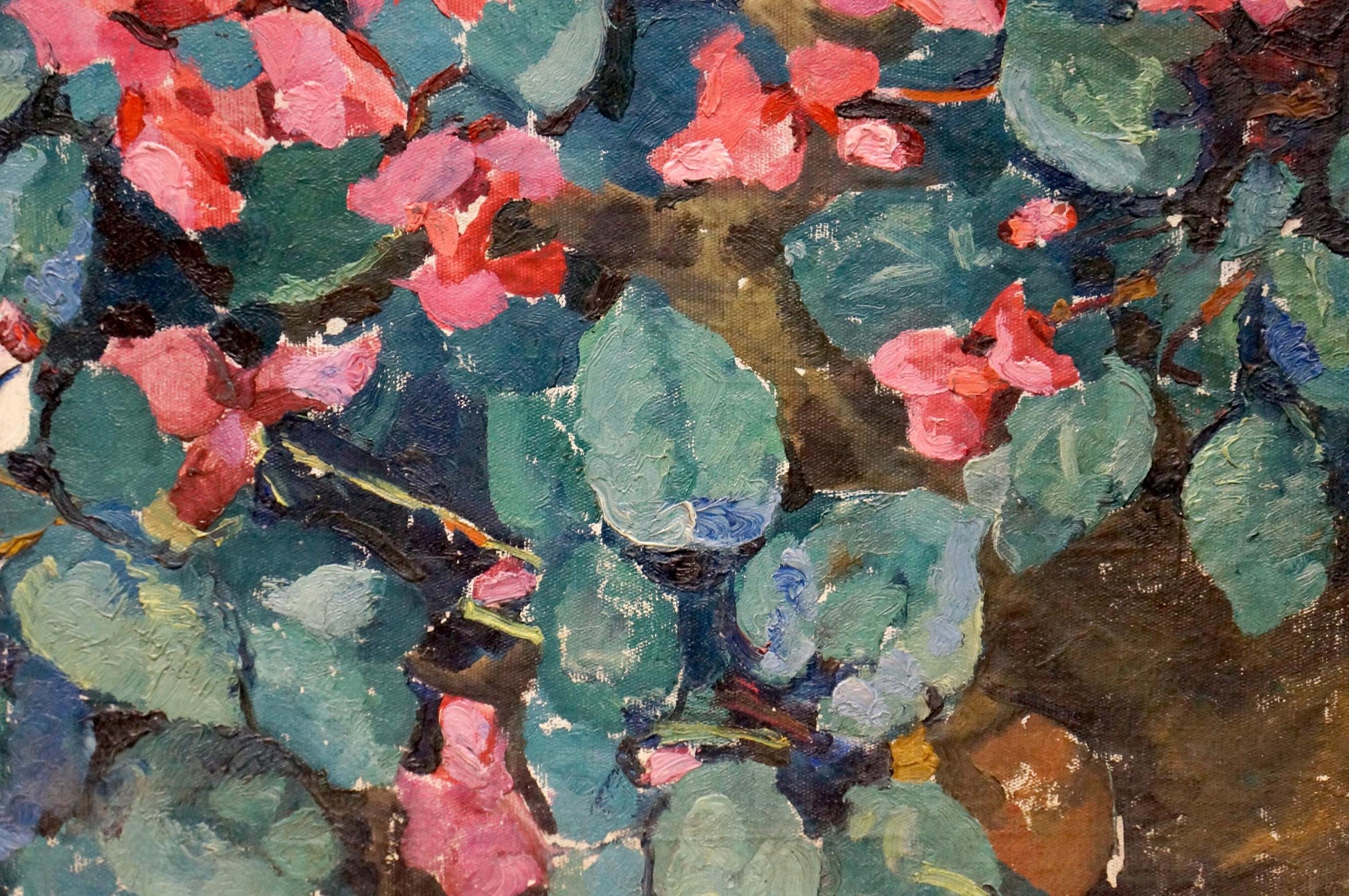 Vibrant pink blossoms and lush green leaves in bold textured oil painting Flowers are growing