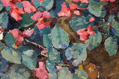 Vibrant pink blossoms and lush green leaves in bold textured oil painting Flowers are growing