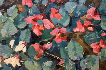 Vibrant pink and white blossoms growing amid lush green leaves, impressionistic oil painting