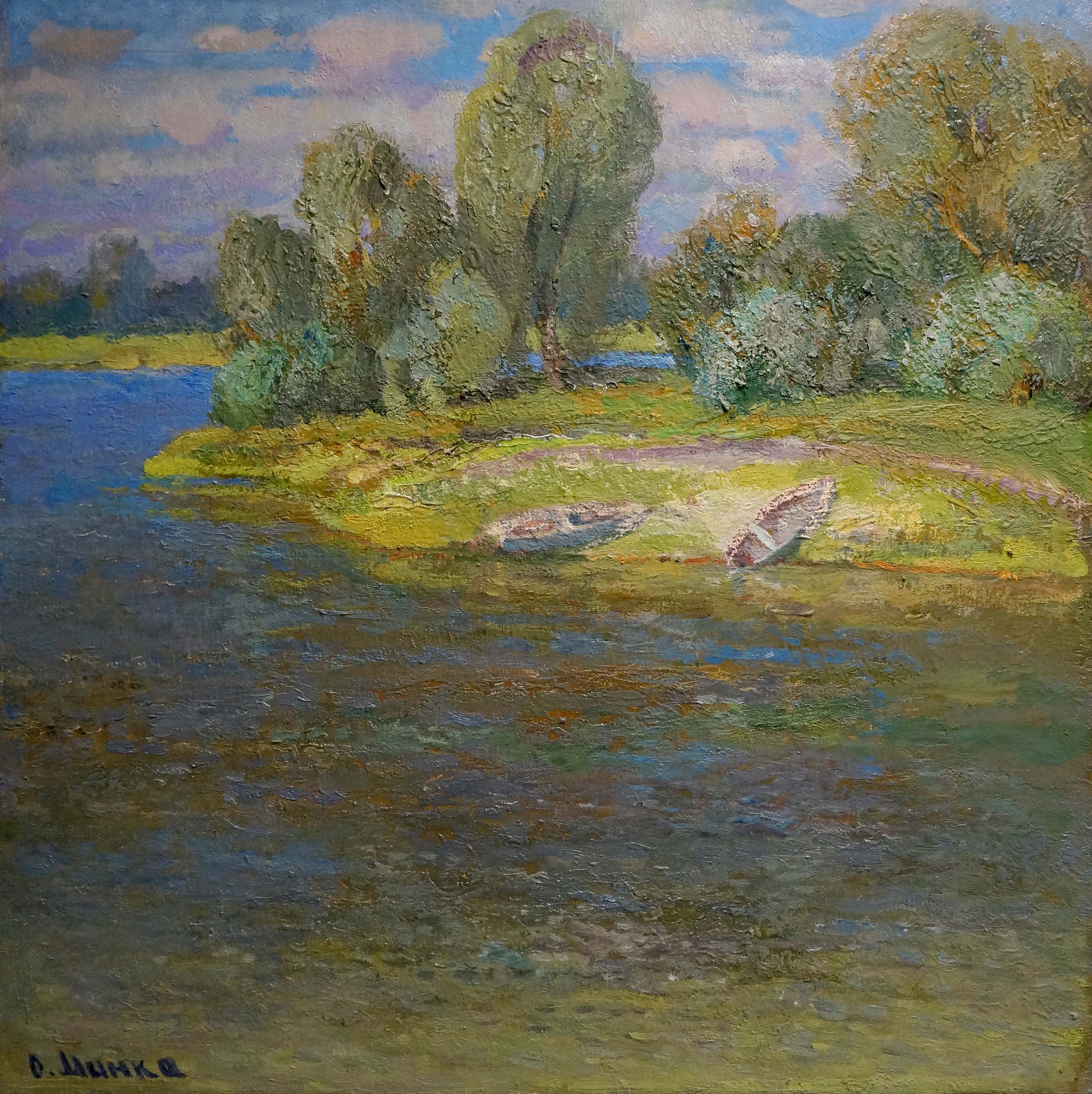 Oil painting of two weathered rowboats on riverbank by Alexander Mynka