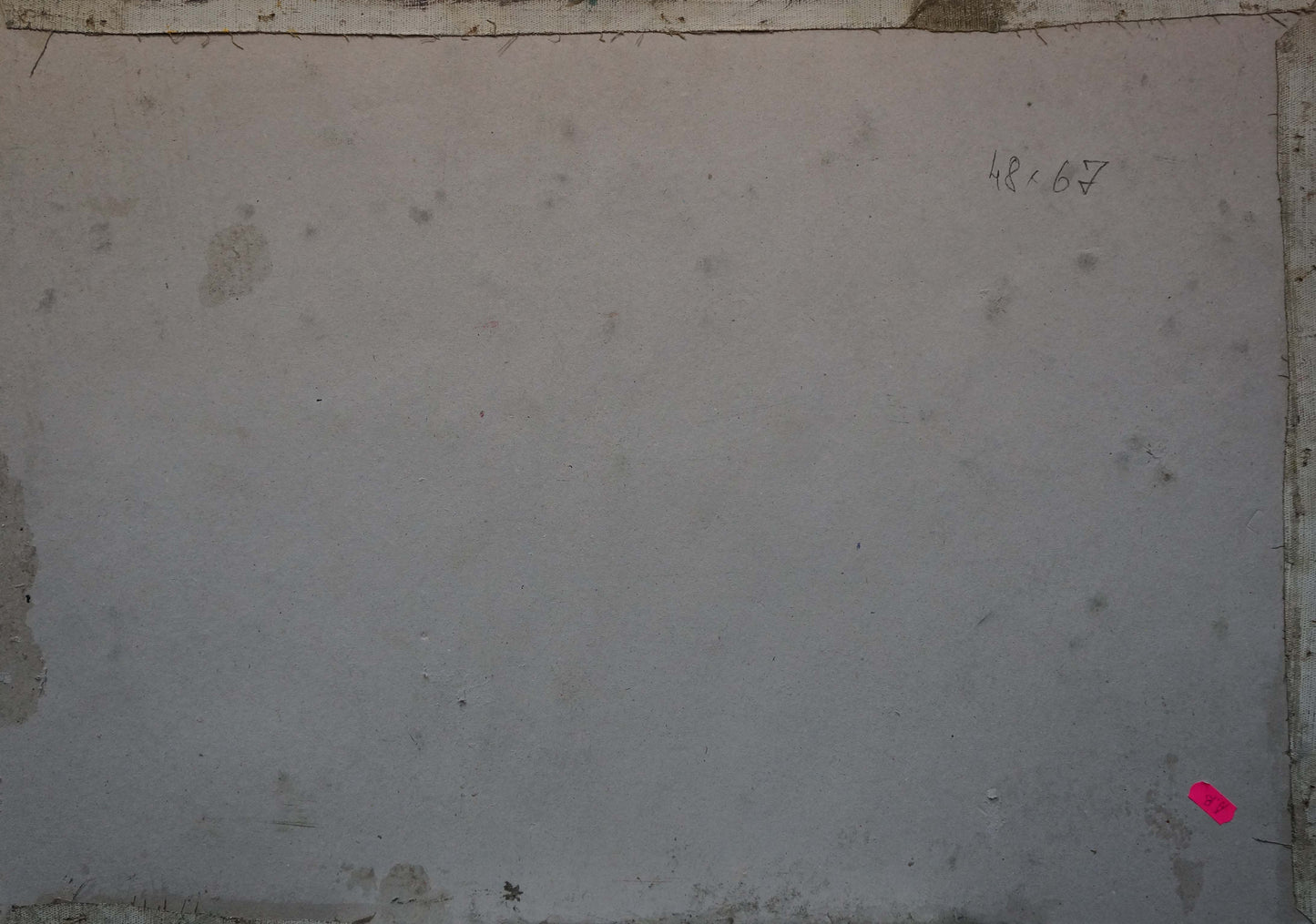 Back of Oil painting Flowers are growing on light gray concrete slab with pink sticker