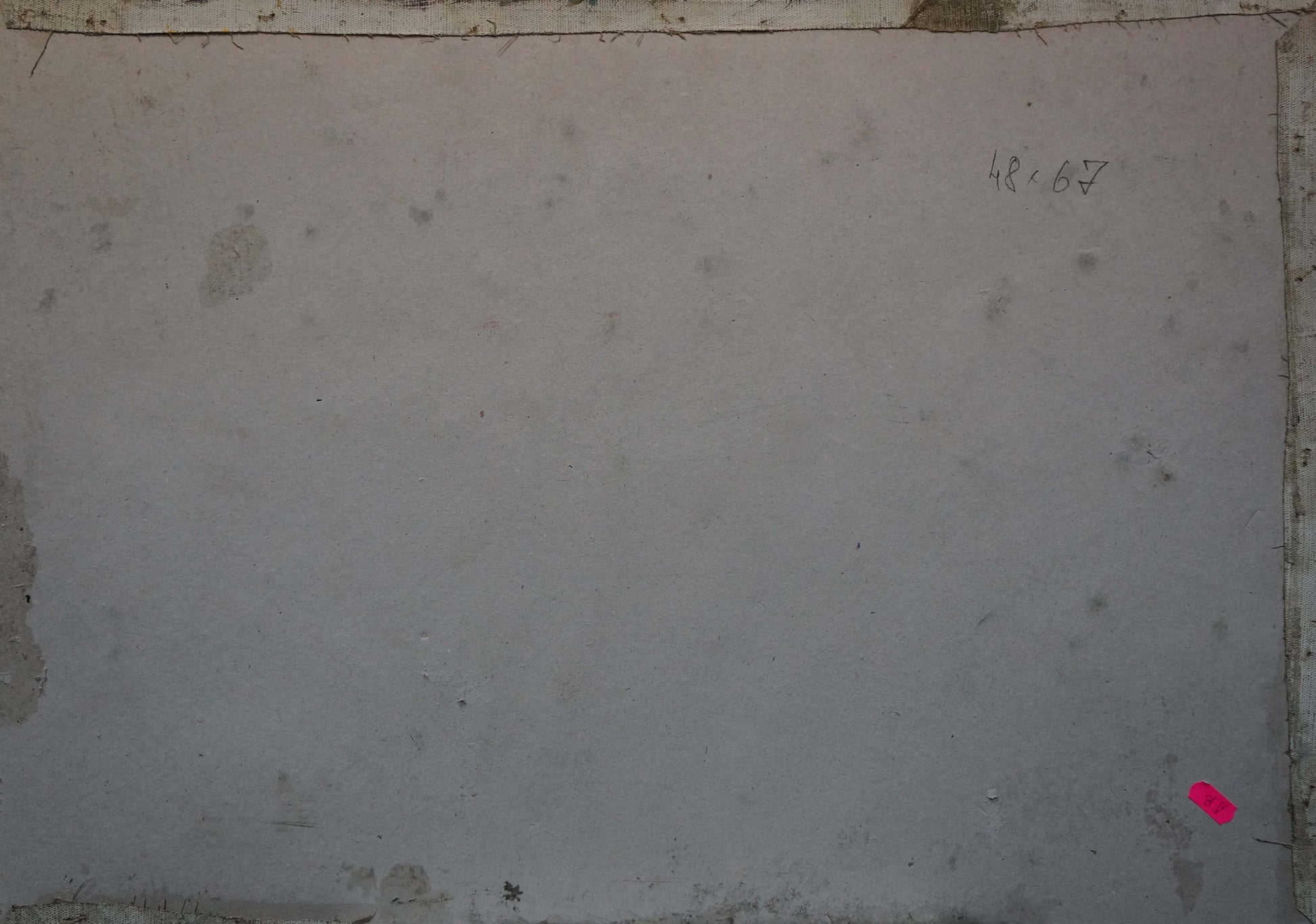 Back of Oil painting Flowers are growing on light gray concrete slab with pink sticker