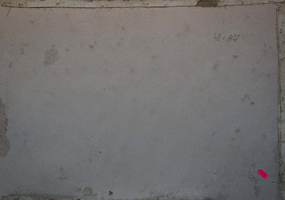 Back of Oil painting Flowers are growing on light gray concrete slab with pink sticker