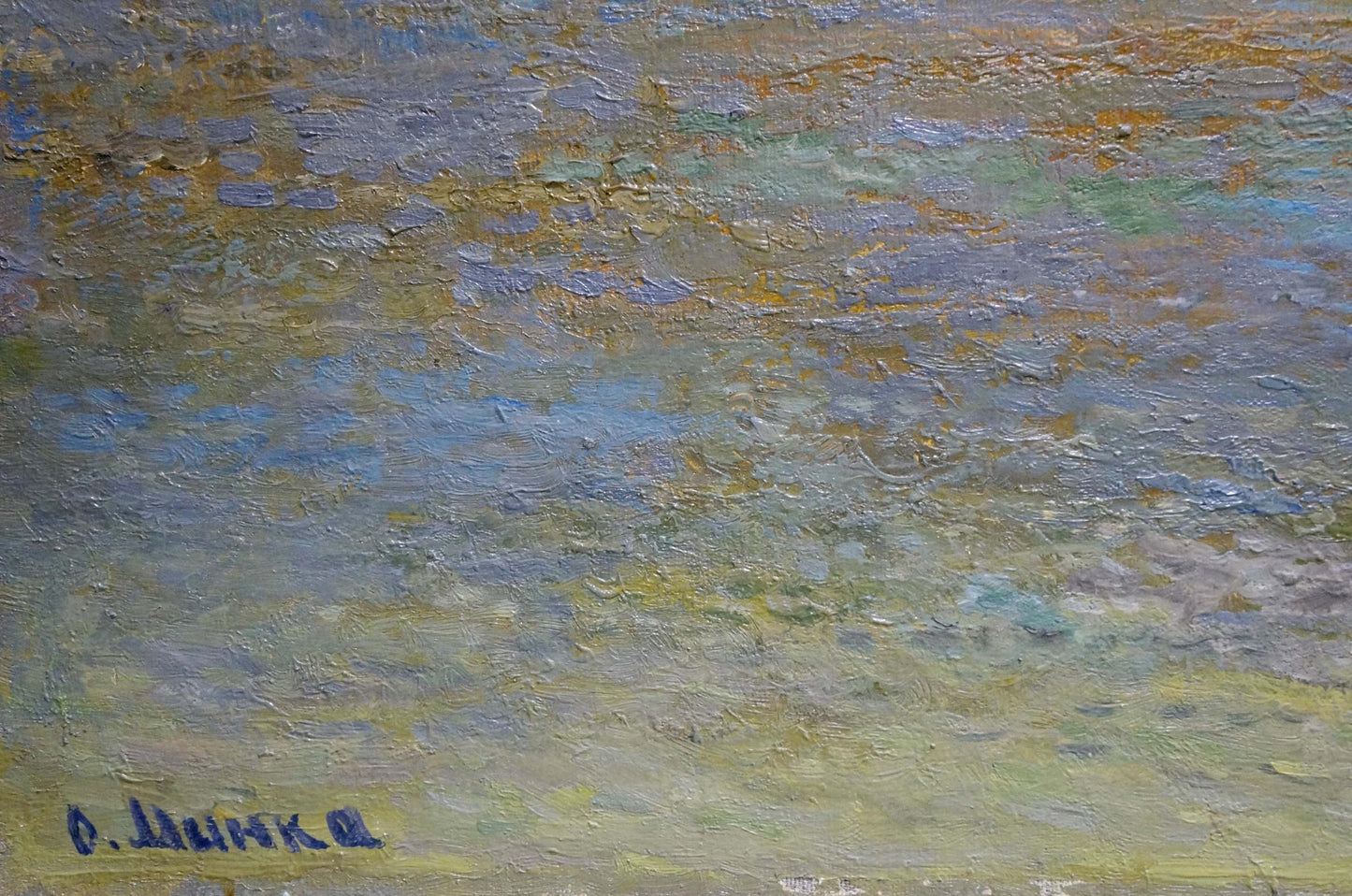 Oil painting Boats on the river bank by Alexander Mynka textured blue green yellow hues