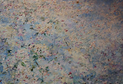 Oil painting of Apple tree blossoms by Maria Titarenko in pastel pink and white