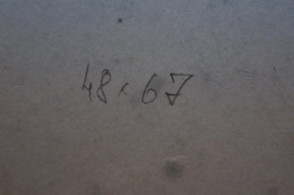 Back of Oil painting Flowers are growing with 48x67 inch handwritten markings on gray surface