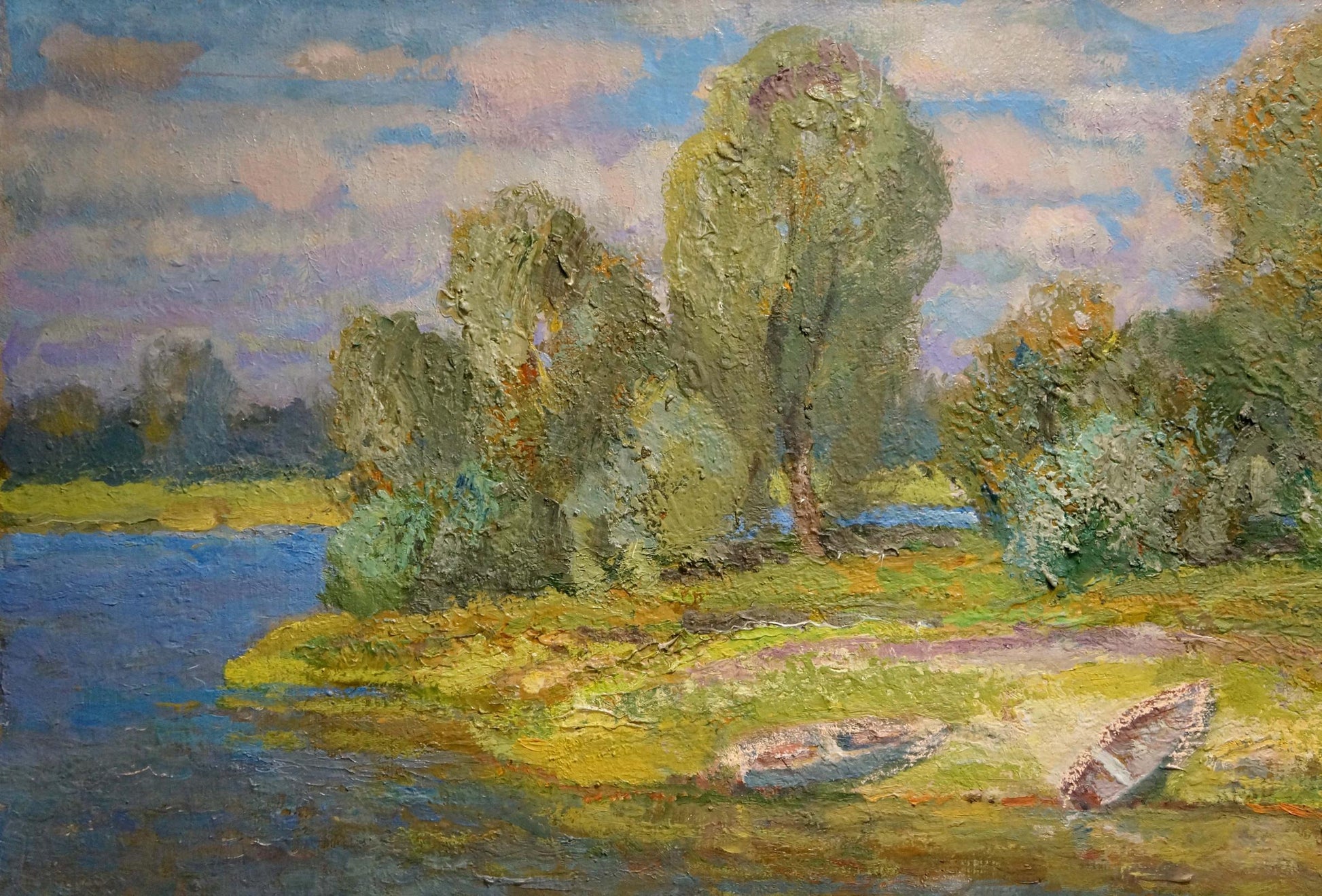 Serene oil painting of boats on riverbank by Alexander Mynka
