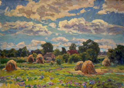 Oil painting Noon by Fomin Anatoly Nikiforovich: golden hay bales in sunlit field