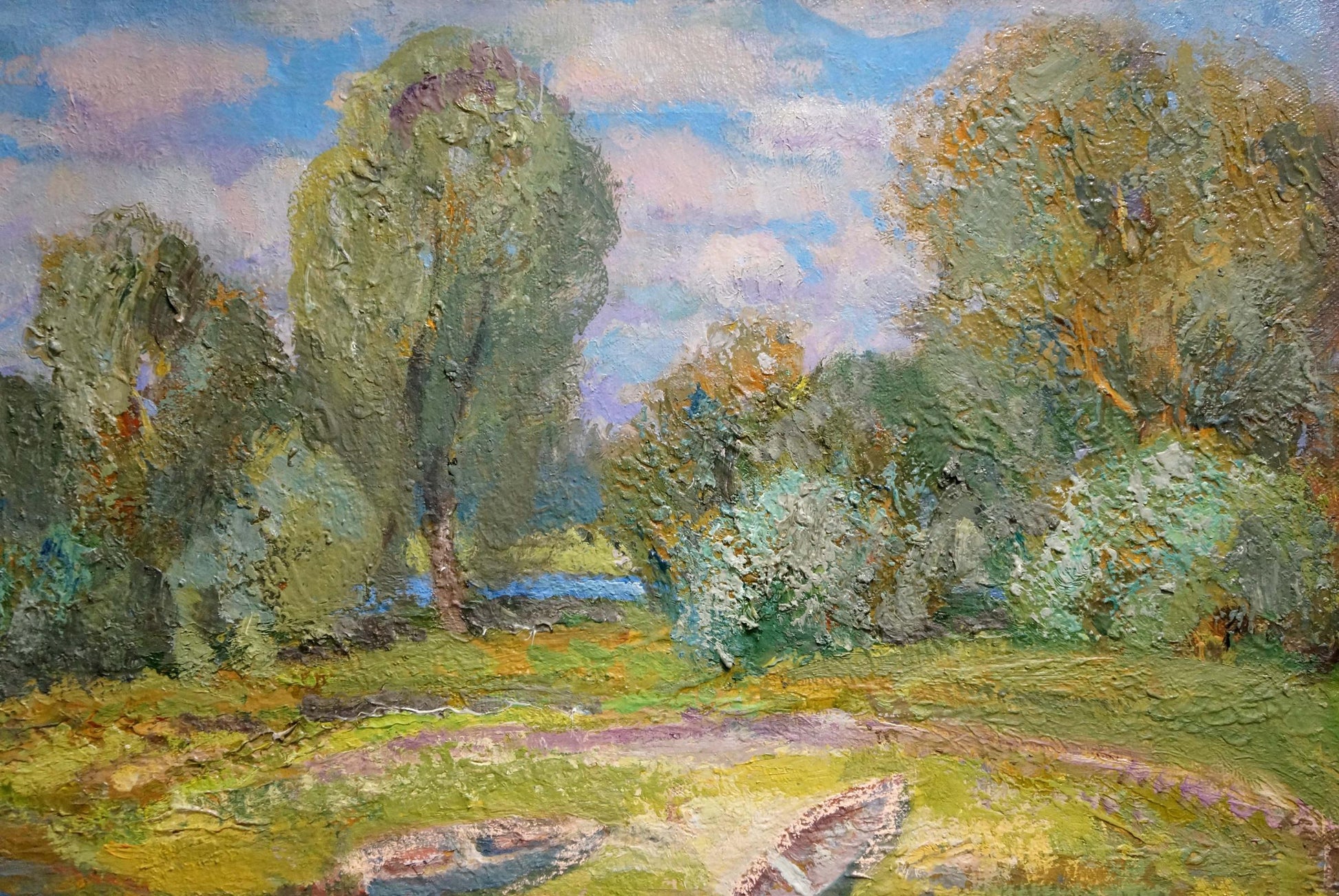 Oil painting of boats on river bank by Alexander Mynka, serene landscape