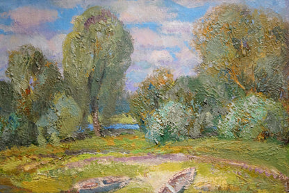 Oil painting of boats on river bank by Alexander Mynka, serene landscape