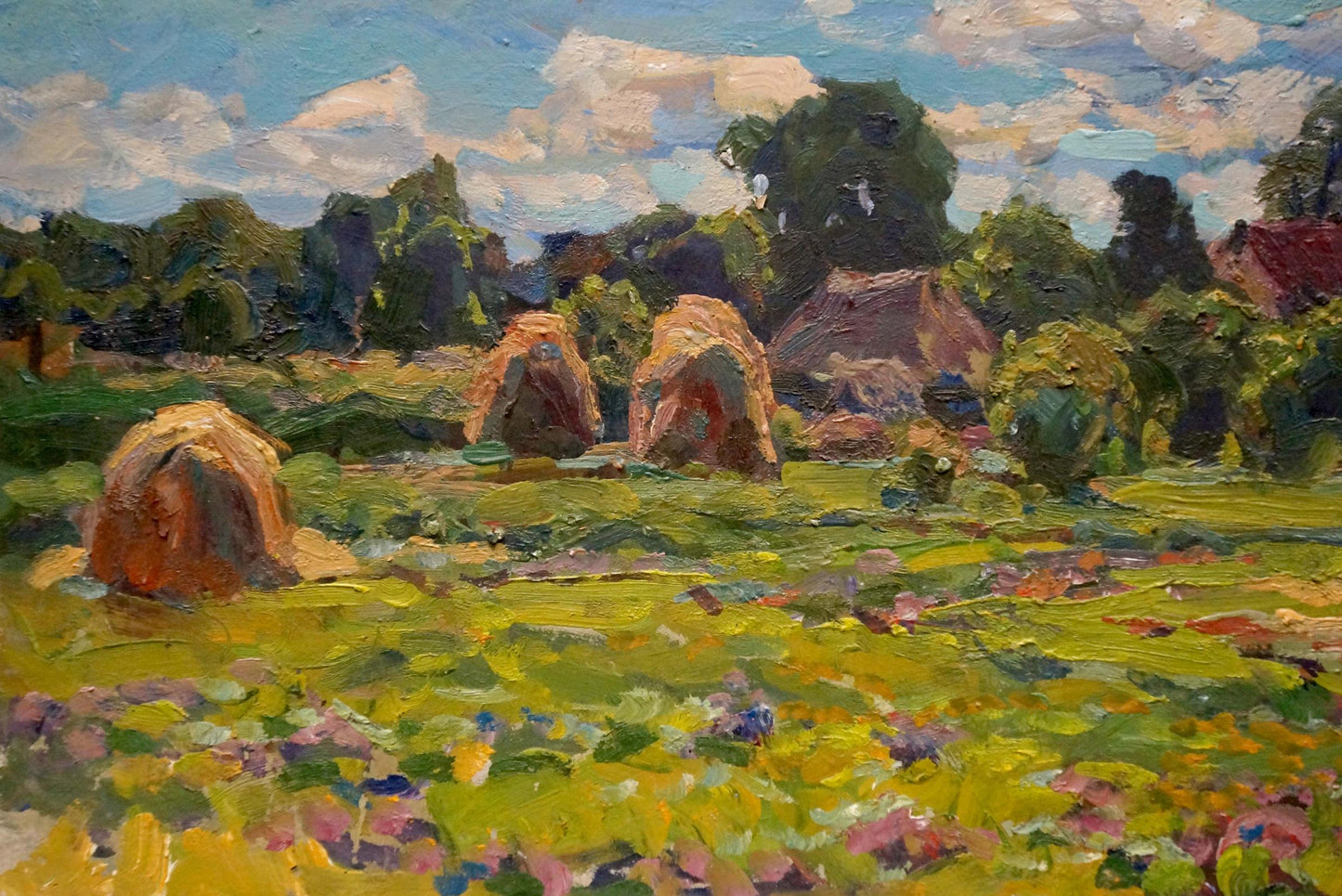 Oil painting Noon by Fomin Anatoly Nikiforovich: hay bales in sunlit field