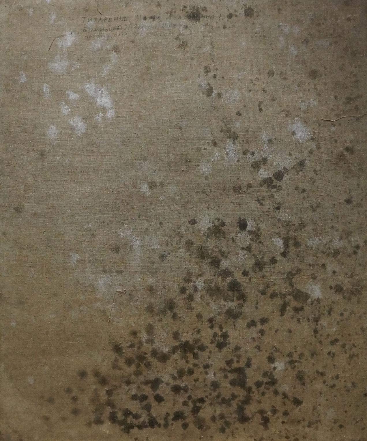 Weathered beige canvas back of Maria Titarenko oil painting Apple tree blossoms