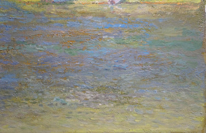 Impressionistic oil painting of boats on river bank by Alexander Mynka