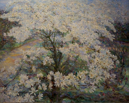 Lush blooming magnolia tree oil painting by Maria Titarenko