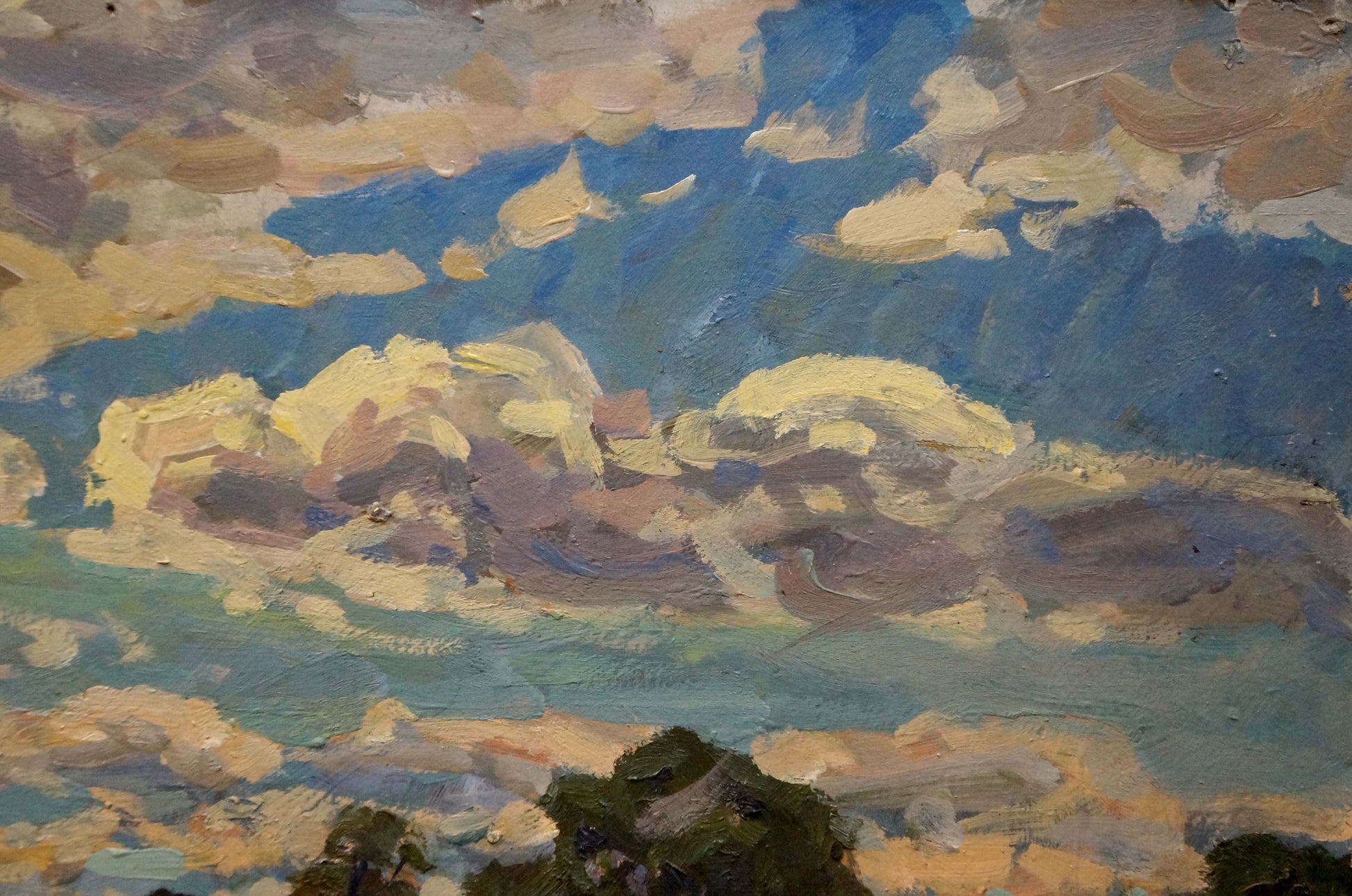 Oil painting Noon by Fomin Anatoly Nikiforovich with dynamic blue clouds