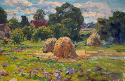 Golden-brown hay bales in sunlit field, Oil painting Noon by Fomin Anatoly Nikiforovich