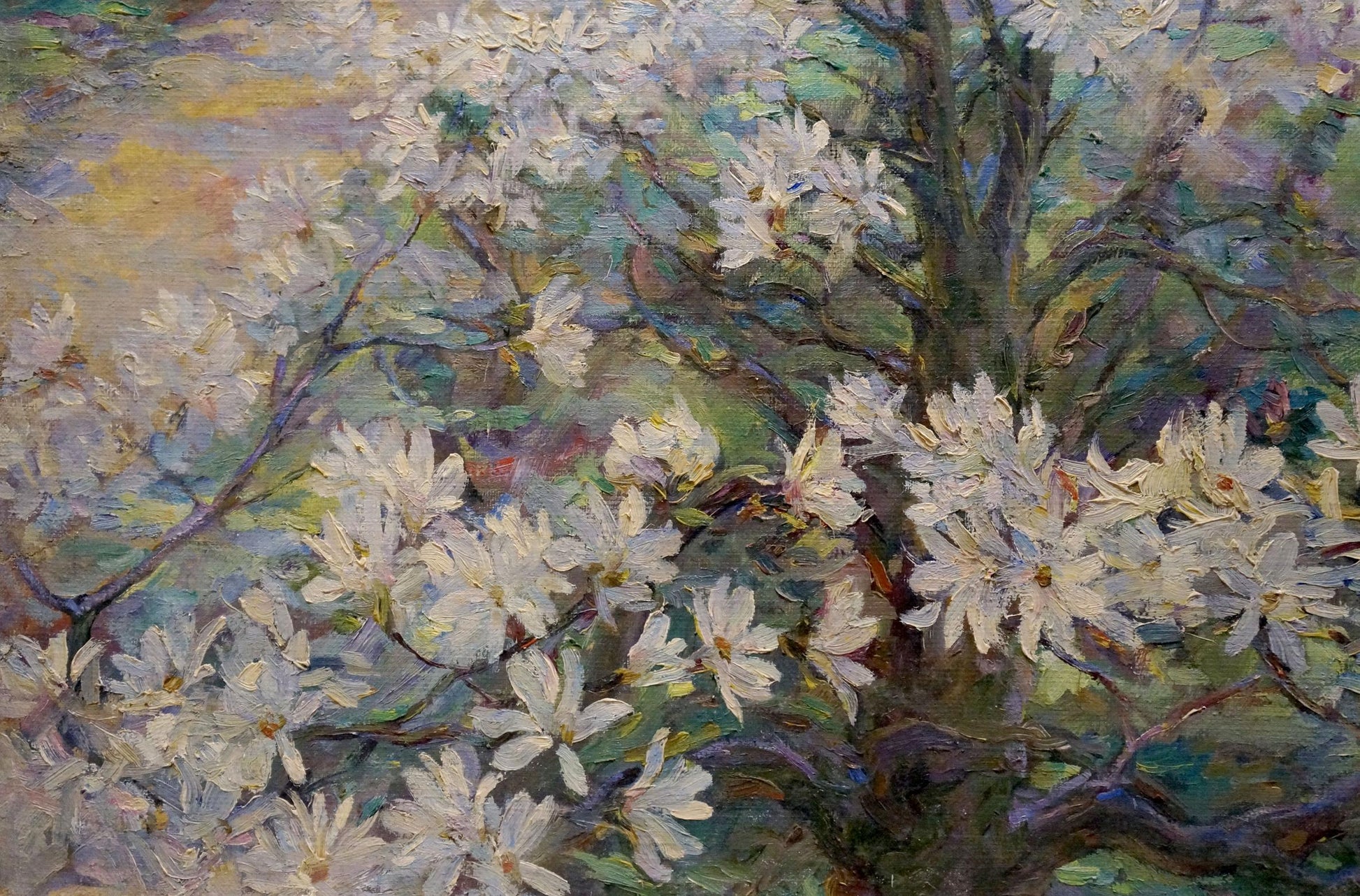 Lush white magnolia blossoms by Maria Titarenko, textured oil painting