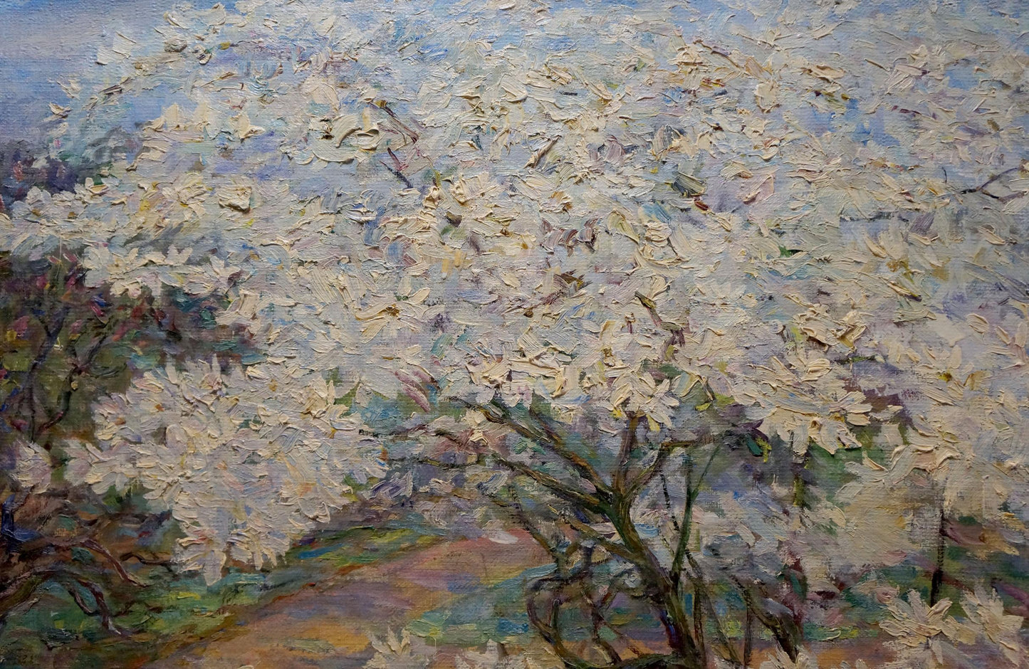 Oil painting of blooming apple tree branches by Maria Titarenko