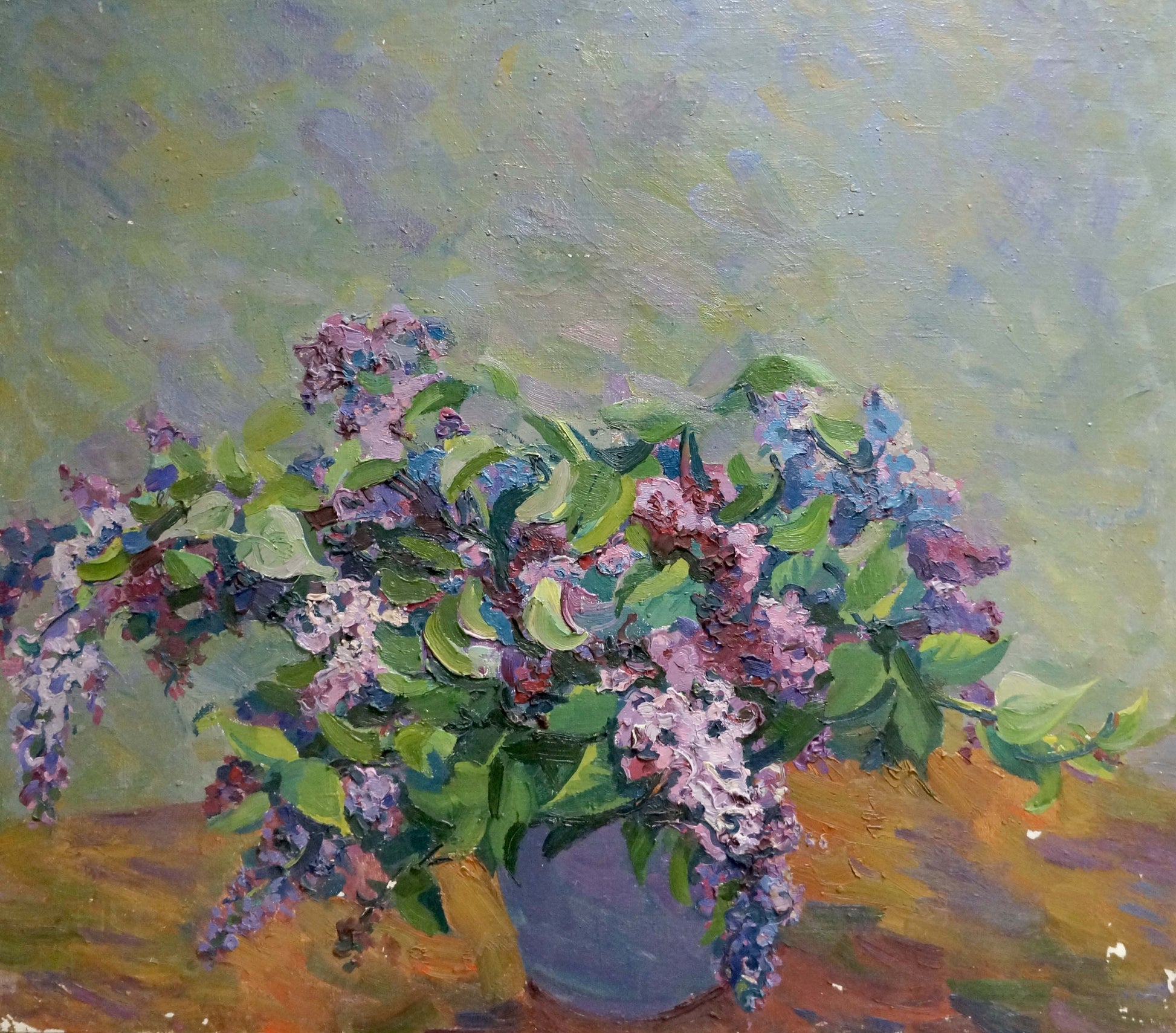 Oil painting of vibrant purple pink lilac bouquet in blue vase