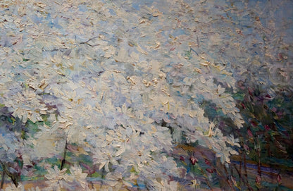 Oil painting of blooming apple tree branches by Maria Titarenko