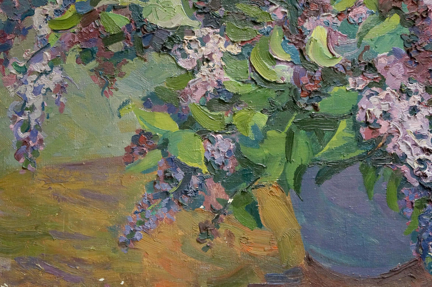 Vibrant impressionist oil painting of lilac bouquet by unknown artist