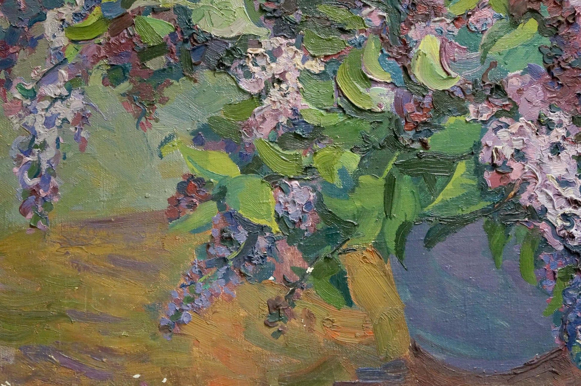 Vibrant impressionist oil painting of lilac bouquet by unknown artist