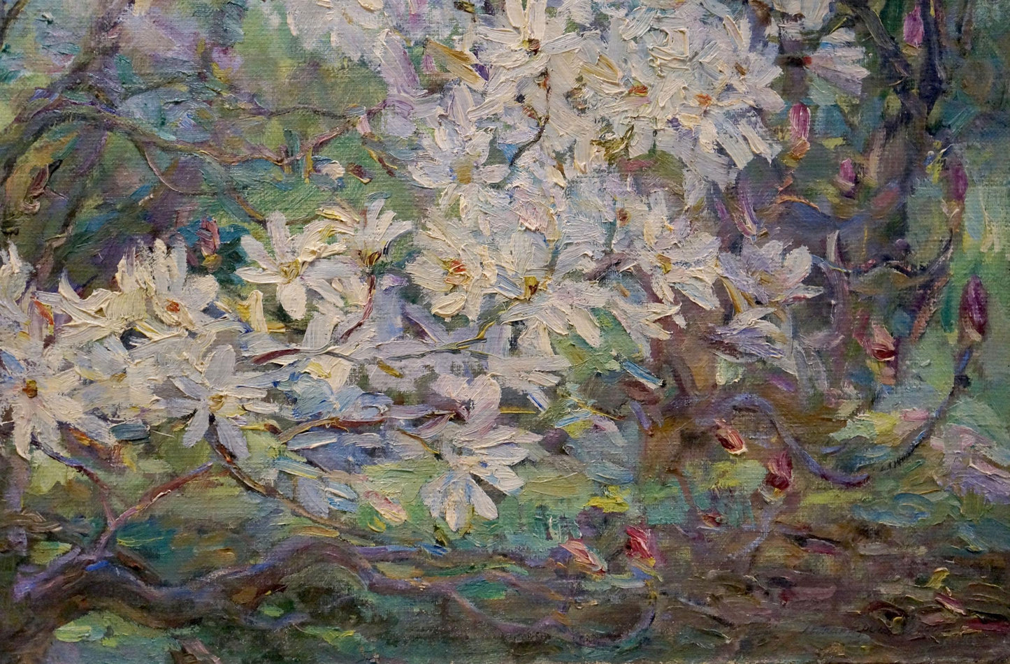 Impressionistic oil painting of blooming apple tree branches by Maria Titarenko