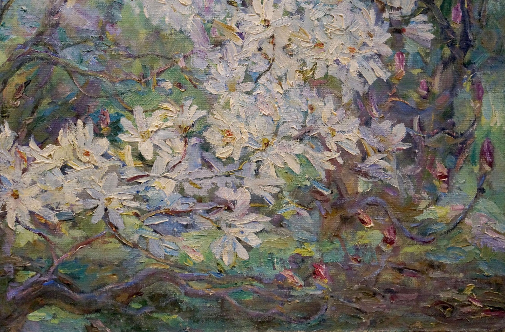 Impressionistic oil painting of blooming apple tree branches by Maria Titarenko