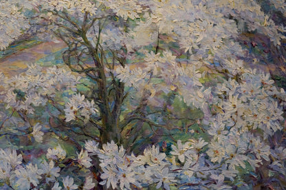 Impressionistic oil painting of blooming apple tree branches by Maria Titarenko
