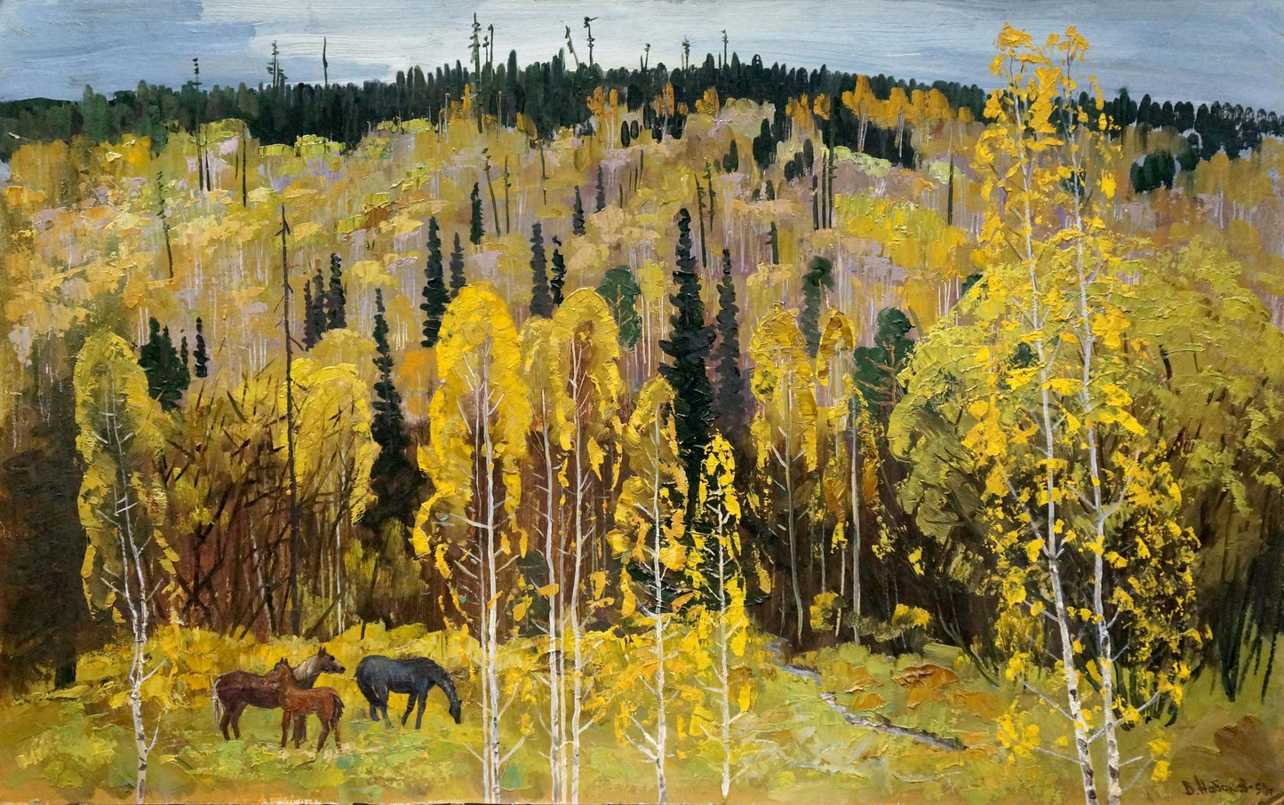 Oil painting by Vladimir Vladimirovich Nabokov: horses in autumn birch forest