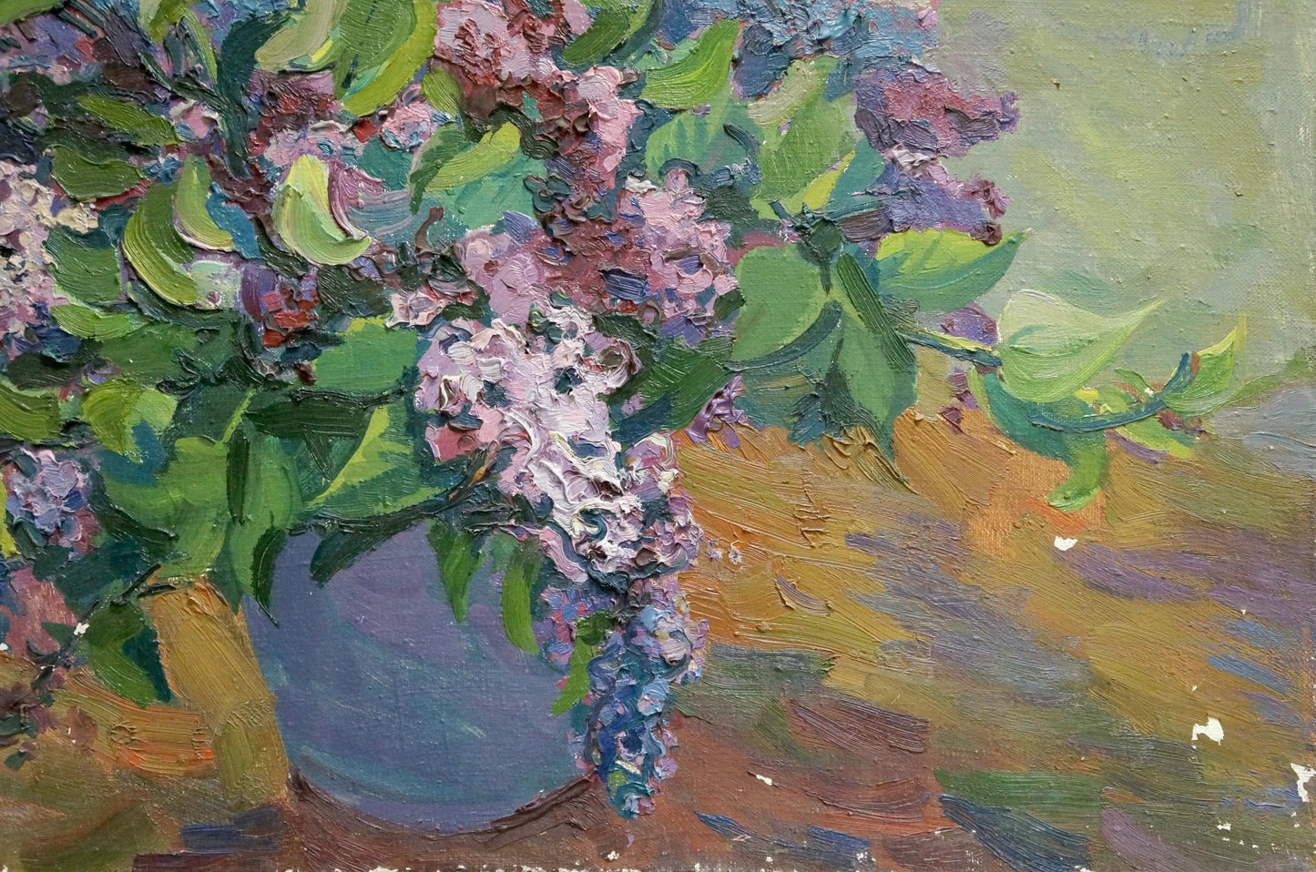 Oil painting of lilac bouquet in blue vase by unknown artist