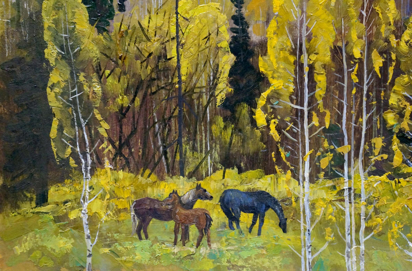 Vibrant impressionist oil painting by Vladimir Vladimirovich Nabokov of horses in autumn woods