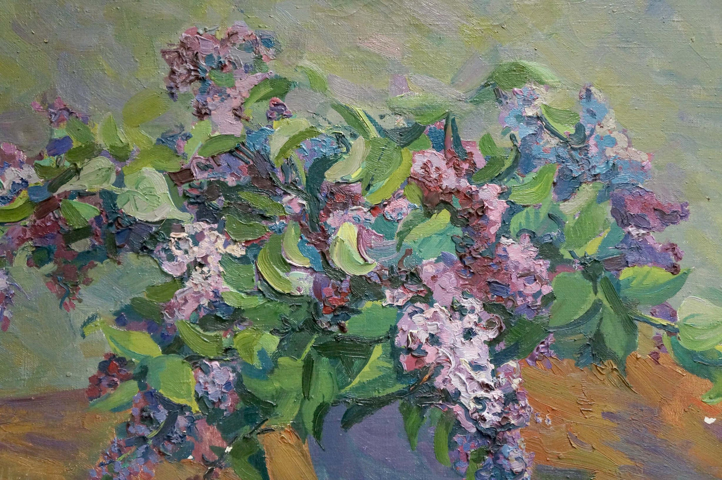 Vibrant oil painting of lush lilac bouquet by unknown artist