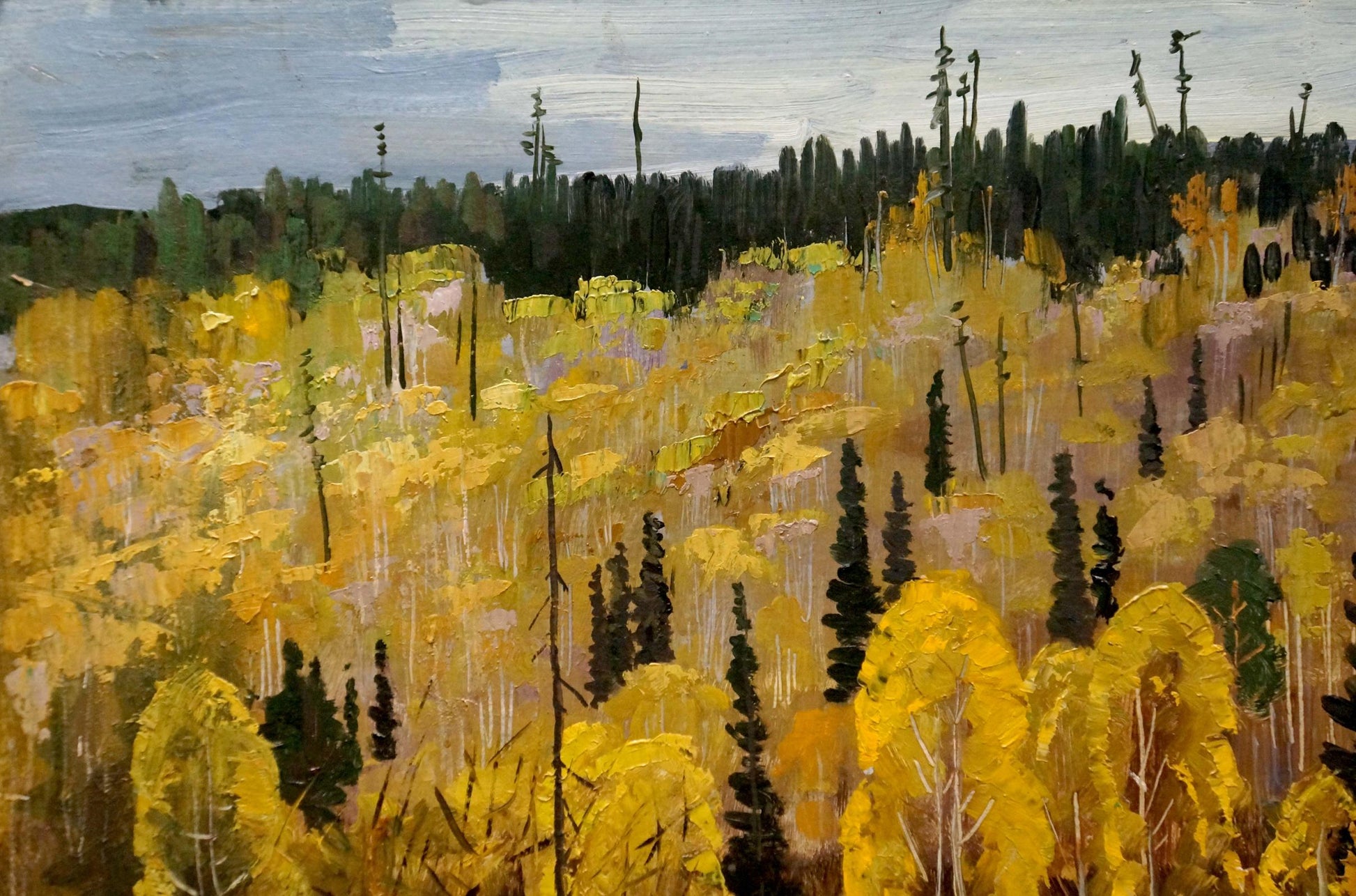 Oil painting of horses walking in vibrant autumn forest by Vladimir Vladimirovich Nabokov