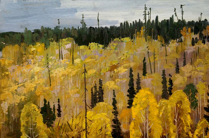 Oil painting of horses walking in vibrant autumn forest by Vladimir Vladimirovich Nabokov