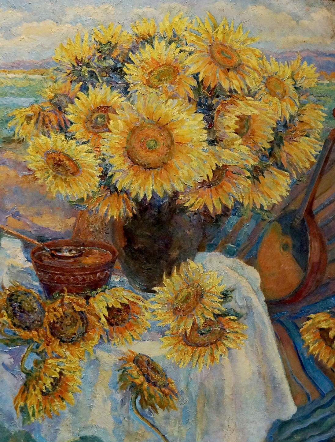 Oil painting of vibrant sunflowers by Tytarenko Odarka Anatoliivna in dark textured vase