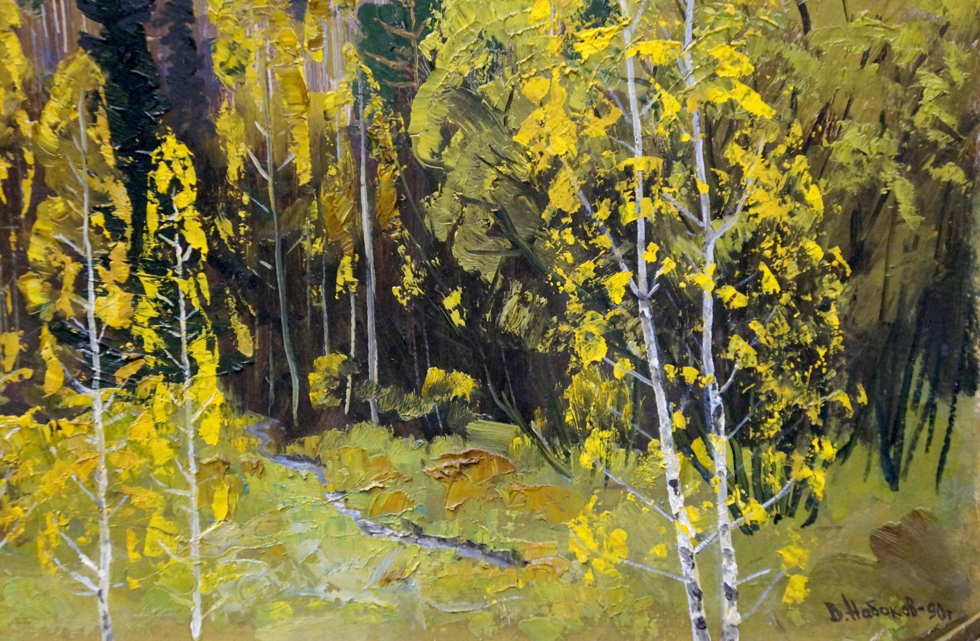 Vibrant impasto oil painting of birch forest with horses by Vladimir Vladimirovich Nabokov