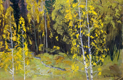 Vibrant impasto oil painting of birch forest with horses by Vladimir Vladimirovich Nabokov